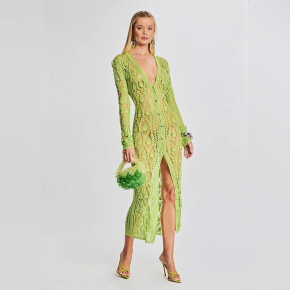 NWT $445 SER.O.YA Allison Crochet Cardigan in Lime - Picture 6 of 16